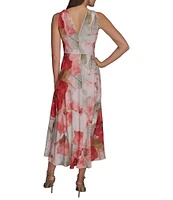 Donna Karan V-Neck Floral Print Sleeveless Chiffon Wrap Dress