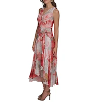 Donna Karan V-Neck Floral Print Sleeveless Chiffon Wrap Dress