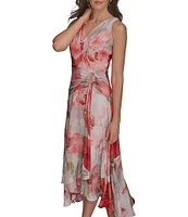 Donna Karan V-Neck Floral Print Sleeveless Chiffon Wrap Dress