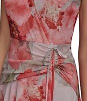 Donna Karan V-Neck Floral Print Sleeveless Chiffon Wrap Dress