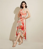 Donna Karan V-Neck Floral Print Sleeveless Chiffon Wrap Dress