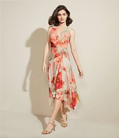Donna Karan V-Neck Floral Print Sleeveless Chiffon Wrap Dress