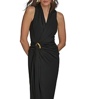 Donna Karan V-Neck Knot Front Sheath Dress