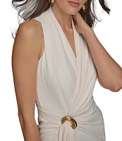 Donna Karan V-Neck Knot Front Sheath Dress