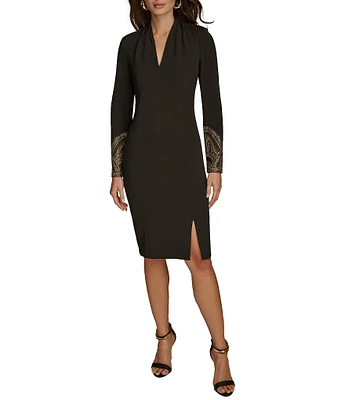 Donna Karan V-Neck Long Sleeve Embroidery Detail Sheath Dress