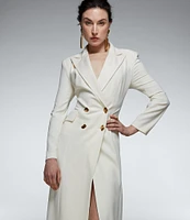 Donna Karan V-Neck Long Sleeve Side Slit Crepe and Satin Long Jacket Dress