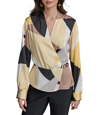 Donna Karan V-Neck, Long Sleeve Woven Print Faux Wrap Blouse