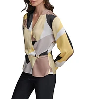 Donna Karan V-Neck, Long Sleeve Woven Print Faux Wrap Blouse