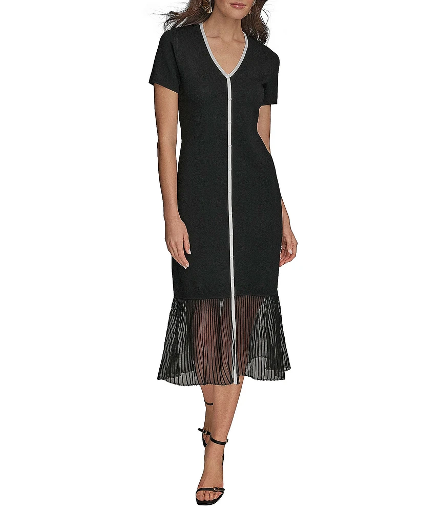 Donna Karan V-Neck Short Sleeve Contrast Trim Knit Midi Dress