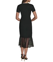 Donna Karan V-Neck Short Sleeve Contrast Trim Knit Midi Dress