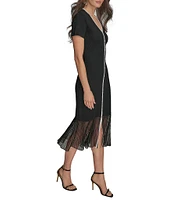Donna Karan V-Neck Short Sleeve Contrast Trim Knit Midi Dress