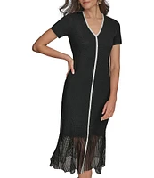 Donna Karan V-Neck Short Sleeve Contrast Trim Knit Midi Dress