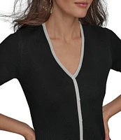 Donna Karan V-Neck Short Sleeve Contrast Trim Knit Midi Dress
