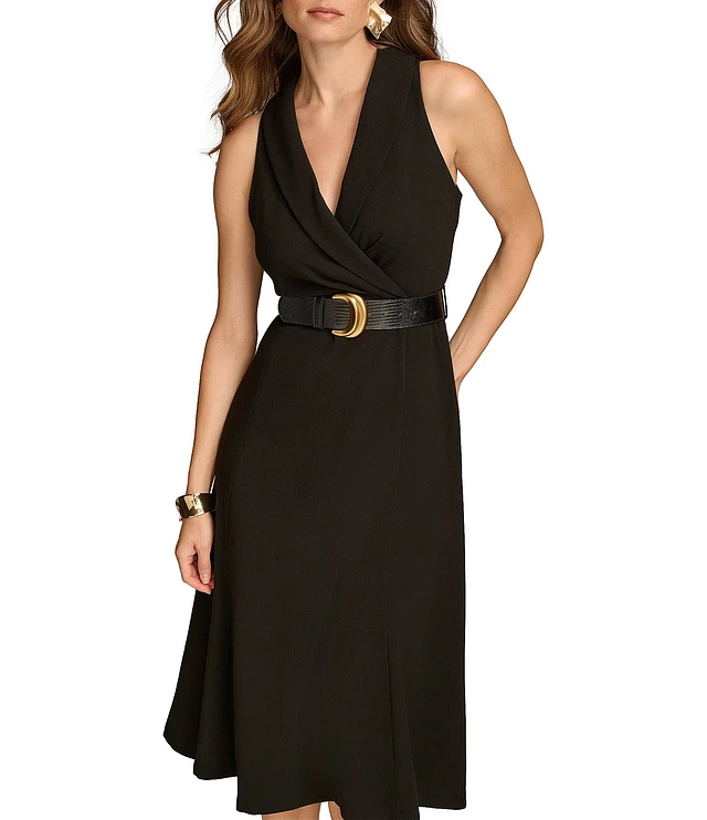 Donna Karan V-Neck Sleeveless Belted A-Line Cady Crepe Midi Dress | Liberty  Center