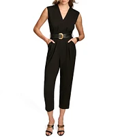 Donna Karan V-Neck Sleeveless Belted Straight Leg Jumpsuit