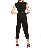 Donna Karan V-Neck Sleeveless Belted Straight Leg Jumpsuit