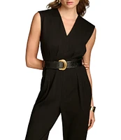 Donna Karan V-Neck Sleeveless Belted Straight Leg Jumpsuit