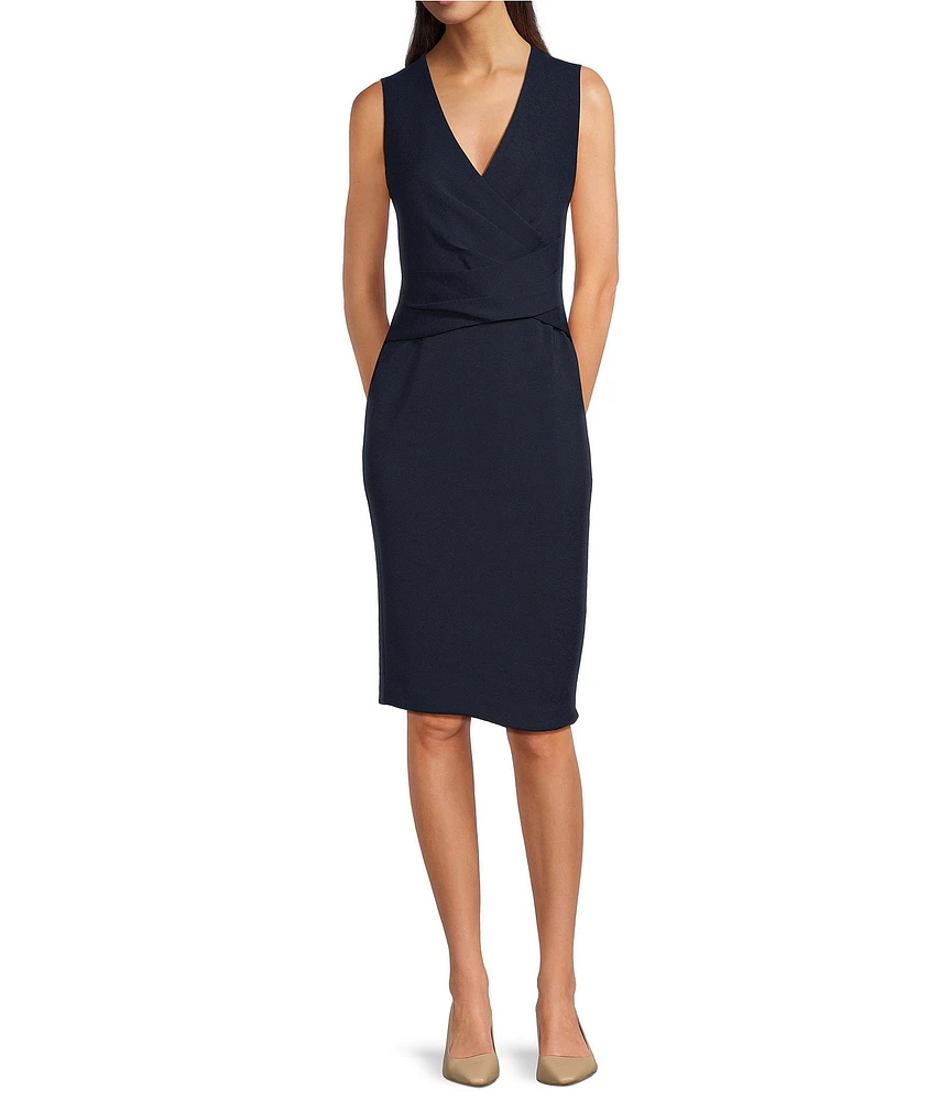 Donna Karan V-Neck Sleeveless Pleated Waist Sheath Dress