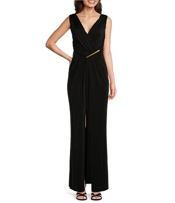 Donna Karan V-Neck Sleeveless Ruched Gold Broach Sheath Dress