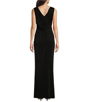 Donna Karan V-Neck Sleeveless Ruched Gold Broach Sheath Dress