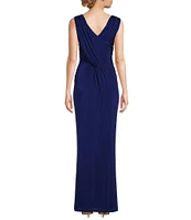 Donna Karan V-Neck Sleeveless Ruched Gold Broach Sheath Dress