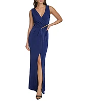 Donna Karan V-Neck Sleeveless Ruched Gold Broach Sheath Dress