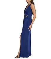 Donna Karan V-Neck Sleeveless Ruched Gold Broach Sheath Dress