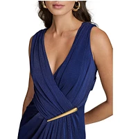 Donna Karan V-Neck Sleeveless Ruched Gold Broach Sheath Dress