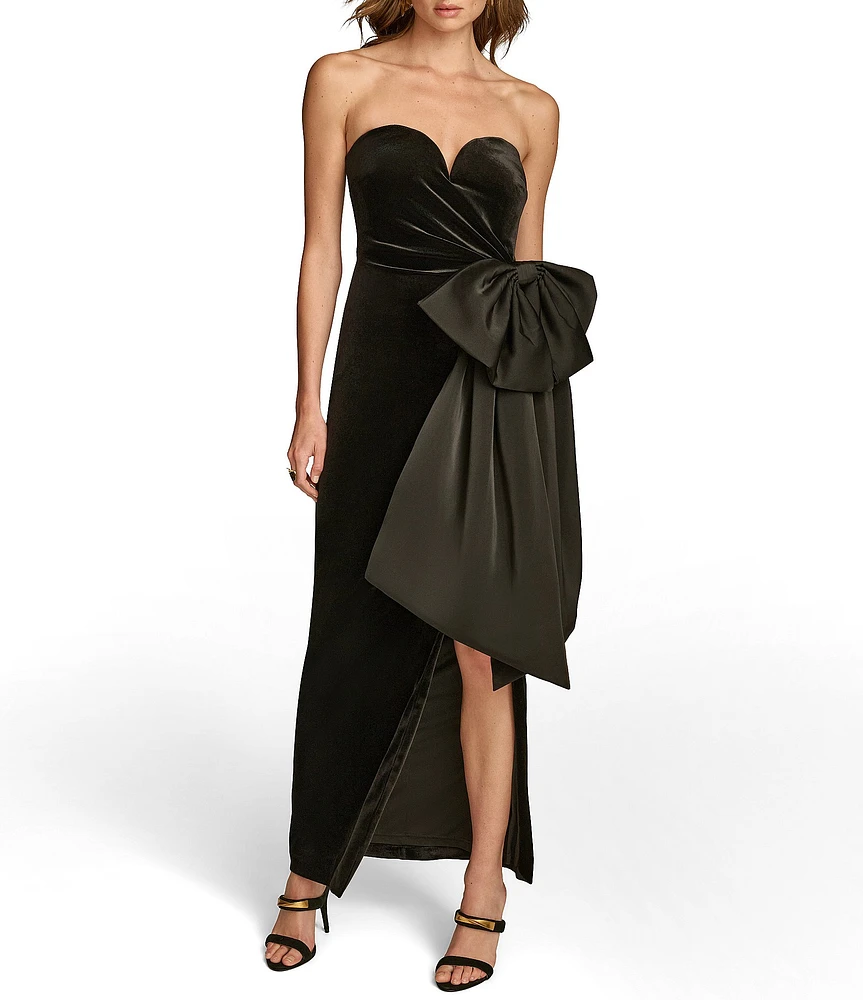 Donna Karan Velvet and Satin Sweetheart Bow High Slit Gown