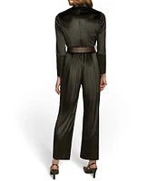 Donna Karan Velvet V-Neck Long Sleeves Wide Leg Buckle Belt Jumpsuit