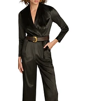 Donna Karan Velvet V-Neck Long Sleeves Wide Leg Buckle Belt Jumpsuit