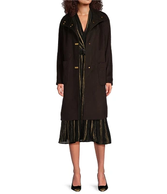 Donna Karan Wool Blend Stand Collar Single Breasted Snap Front Walker Coat