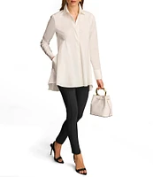 Donna Karan Woven Button Front Collared Long Sleeve High-Low A-line Tunic