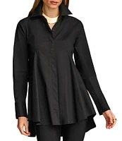 Donna Karan Woven Button Front Collared Long Sleeve High-Low A-line Tunic