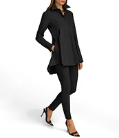 Donna Karan Woven Button Front Collared Long Sleeve High-Low A-line Tunic