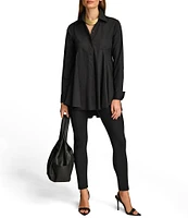 Donna Karan Woven Button Front Collared Long Sleeve High-Low A-line Tunic