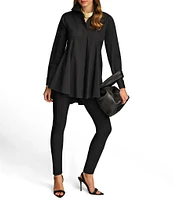 Donna Karan Woven Button Front Collared Long Sleeve High-Low A-line Tunic