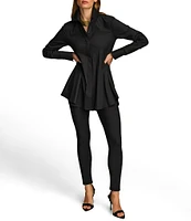 Donna Karan Woven Button Front Collared Long Sleeve High-Low A-line Tunic