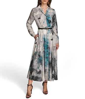 Donna Karan Woven Abstract Print Collared Long Sleeve Belted Midi Shirt Dress