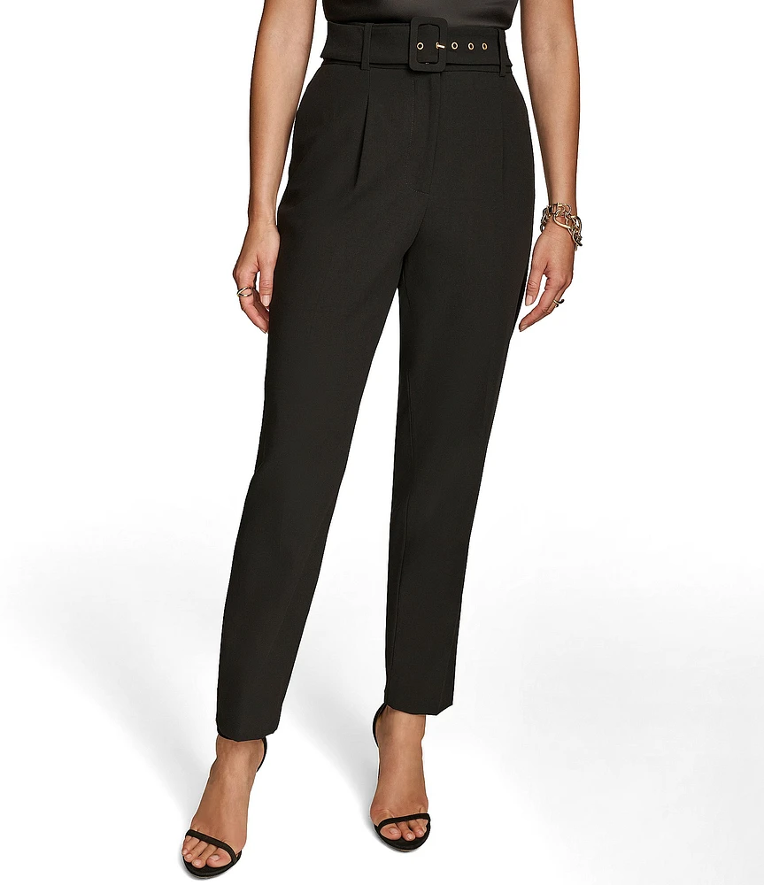 Donna Karan Woven Single Pleat Straight Leg Belted Pants