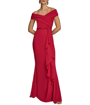 Donna Karan Wrap V-Neck Cap Sleeve Cascade Side Ruffle Gown