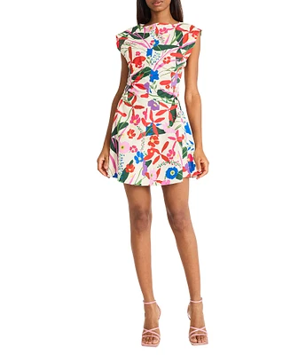 Donna Morgan Boat Neck Extend Shoulder Floral Print Cotton Poplin Mini Dress