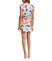 Donna Morgan Boat Neck Extend Shoulder Floral Print Cotton Poplin Mini Dress