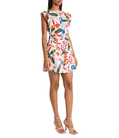 Donna Morgan Boat Neck Extend Shoulder Floral Print Cotton Poplin Mini Dress