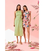 Donna Morgan Boat Neck Extend Shoulder Floral Print Cotton Poplin Mini Dress