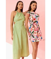 Donna Morgan Boat Neck Extend Shoulder Floral Print Cotton Poplin Mini Dress