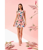 Donna Morgan Boat Neck Extend Shoulder Floral Print Cotton Poplin Mini Dress