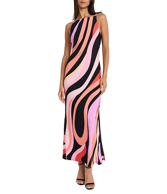Donna Morgan Boat Neck Sleeveless Abstract Stripe Motif Matte Jersey Column Maxi Dress