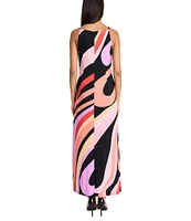 Donna Morgan Boat Neck Sleeveless Abstract Stripe Motif Matte Jersey Column Maxi Dress