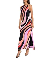 Donna Morgan Boat Neck Sleeveless Abstract Stripe Motif Matte Jersey Column Maxi Dress